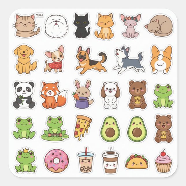 Conjunto de Adesivos de Animais e Comida Kawaii (Frente)