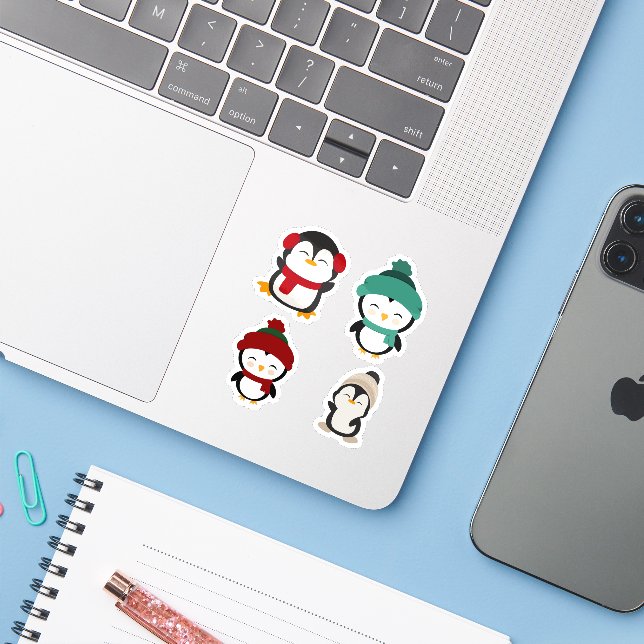 Conjunto de Adesivos Kawaii de Pinguim de Inverno  (Notebook com iPhone)