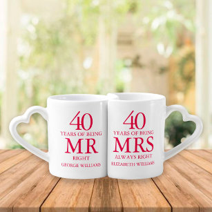 Conjunto De Caneca De Café 40º aniversário do Casamento Ruby Sr. Sra. Right