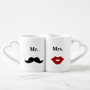 Conjunto De Caneca De Café Sr. e Sra. Mustache e Lábios Vermelhos Personaliza