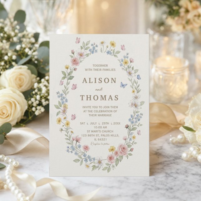 Conjunto de Convite de Casamento Floral em Aquarel (#wildflowerinvitation #wildflowerspring #summerwedding #softfloralwedding #romanticflowers#butterfly)