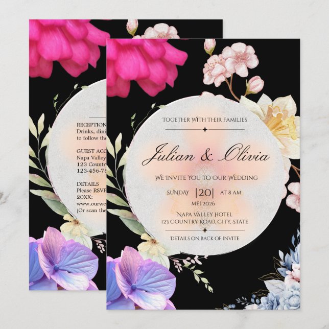 Conjunto de Convite de Casamento Floral Preto Mal- (Frente/Verso)