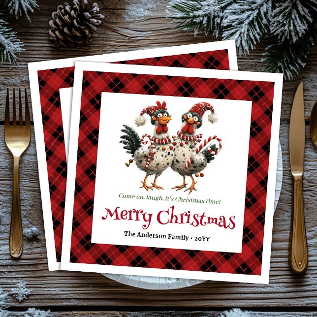 Conjunto de guardanapos de galinhas de férias pers (Quirky holiday chickens napkin set name personalized)