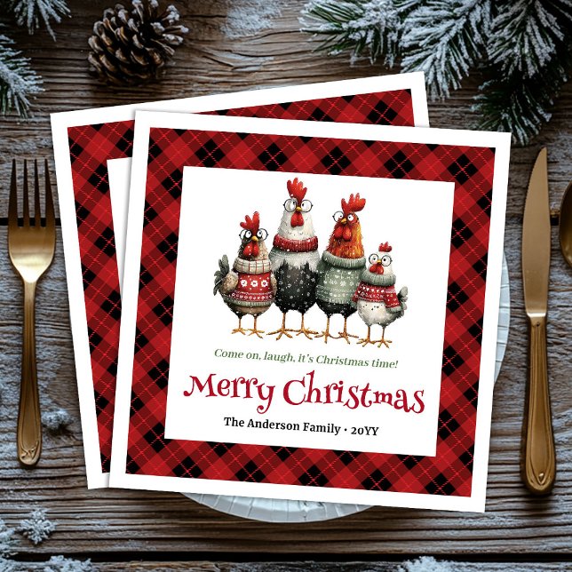 Conjunto de guardanapos de Natal excêntrico com no (Quirky Christmas chickens napkin set custom name)