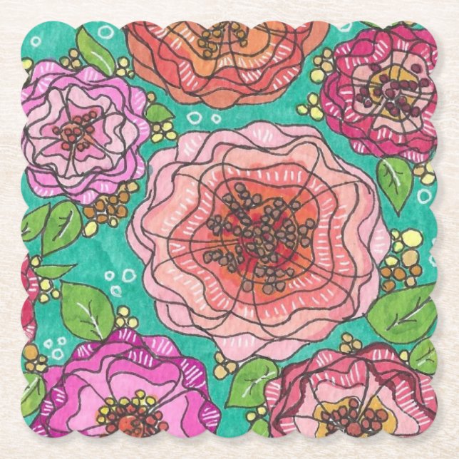"Conjunto de Porta-Copos Floral Desenhado à Mão" (Frente)