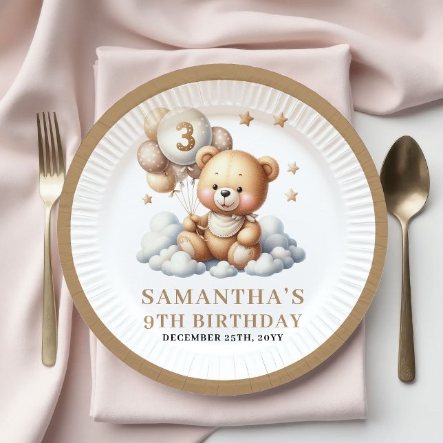 Conjunto de Pratos Dourados de Urso de Pelúcia par (Adorable 3rd Birthday Teddy Bear Gold Plates Set)
