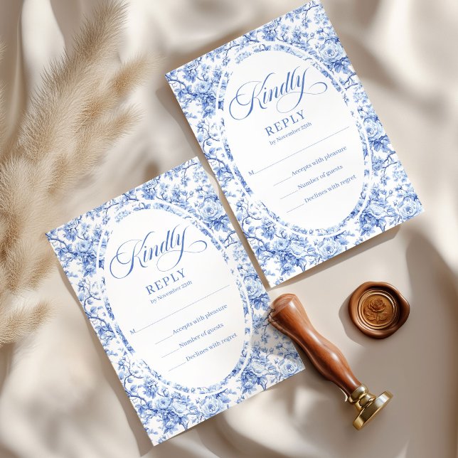 Conjunto de RSVP de casamento de rosas toile azul  (Romantic Royal Blue Toile Roses Wedding RSVP Set

)