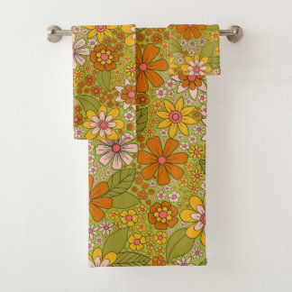 Conjunto De Toalhas 1960, 1970 Retro Floral Verde e Laranja