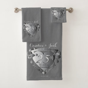 Conjunto De Toalhas 25º Aniversário de Bodas de Prata Emblema de Coraç