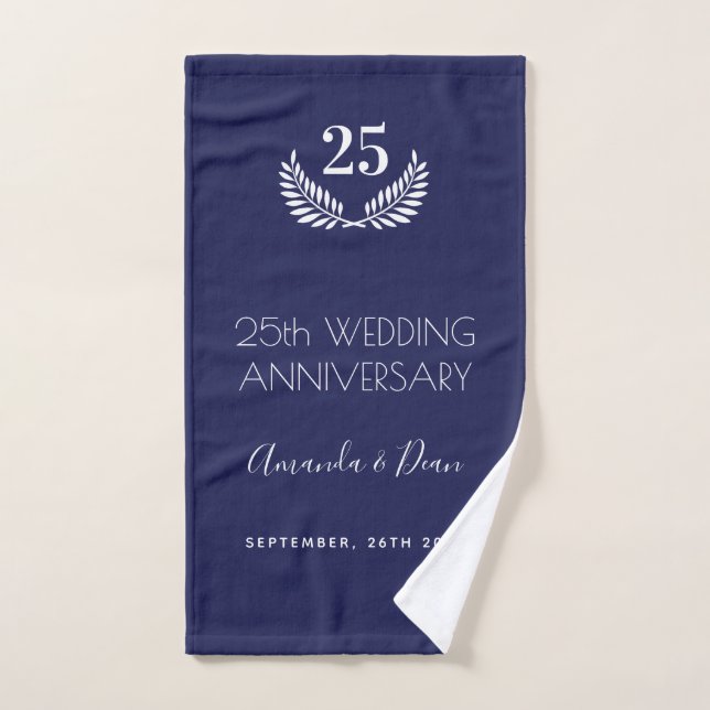 Conjunto De Toalhas 25 de aniversário de casamento marinho branco azul (Toalha de mão)