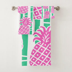 Conjunto De Toalhas Abacaxi Bamboo Stripes Rosa e Verde Padrão