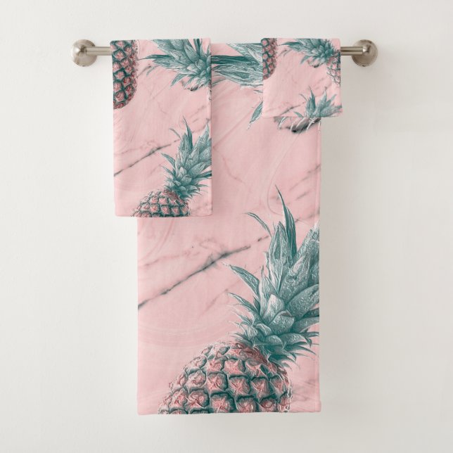 Conjunto De Toalhas Abacaxi e Mármaco Rosa Giro Moderno Tropical (Insitu)