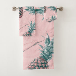 Conjunto De Toalhas Abacaxi & Pink Marble Swirl Moderno Tropical Chic
