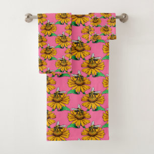Conjunto De Toalhas Abeha no Design de Padrão de Flor de Girassol Rosa