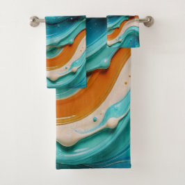 Conjunto De Toalhas Abstract Swirling Teal and Orange Glossy Fluid 