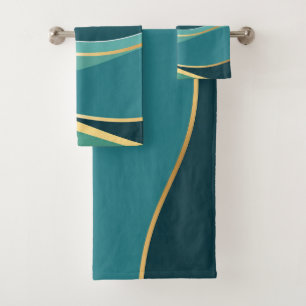 Conjunto de Toalhas Abstratas em Verde Azul e Dour