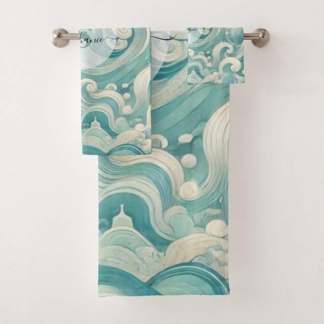 Conjunto De Toalhas Abstrato Aqua Blue & White Wave - Arte Fluida Mode (Insitu)
