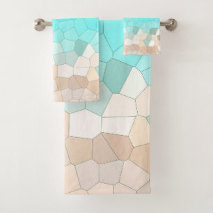 Conjunto De Toalhas Abstrato Art Pale Turquesa Beige Coral Rosa