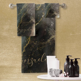 Conjunto De Toalhas Abstrato Black Dourado Marble