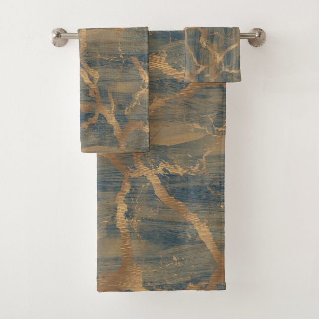 Conjunto De Toalhas Abstrato Chic Moderno - Marinho Marble Azul e Dour (Insitu)