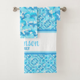 Conjunto De Toalhas Abstrato claro azul e branco com nome