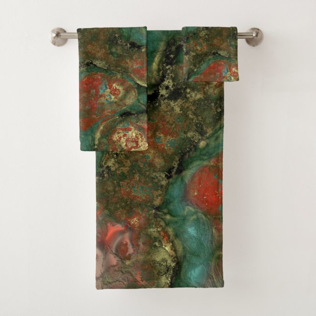 Conjunto De Toalhas Abstrato de Pedra Vermelha, Preta e Turquesa (Insitu)
