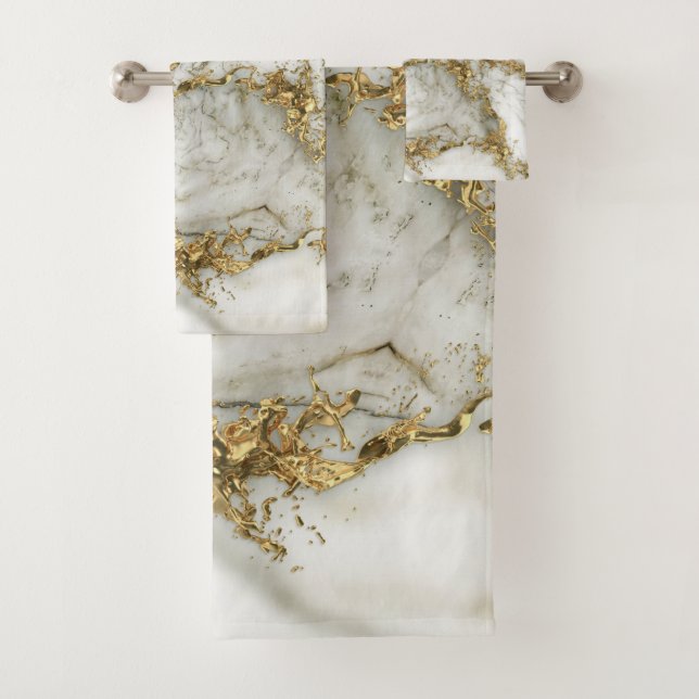 Conjunto De Toalhas Abstrato de Splatter Dourado branco mármore (Insitu)