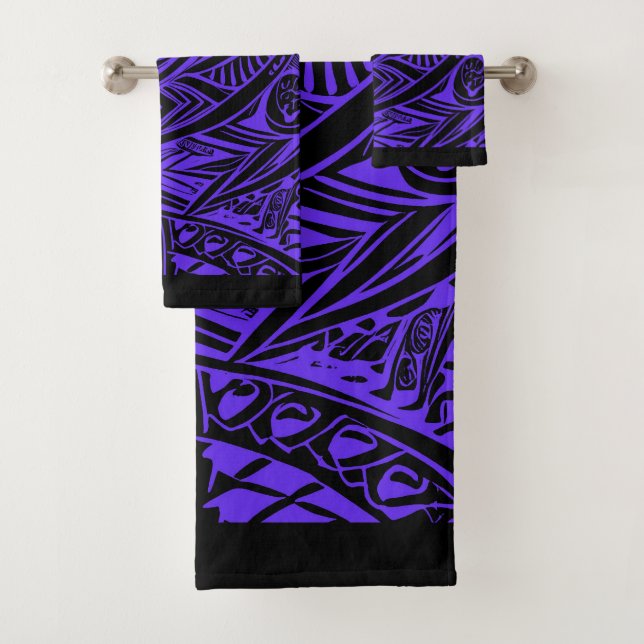 Conjunto De Toalhas Abstrato de Tribal Negro E Roxo (Insitu)