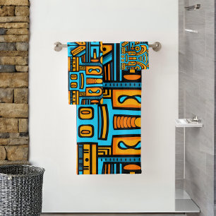 Conjunto De Toalhas Abstrato Figurativo - Laranja Azul Escuro