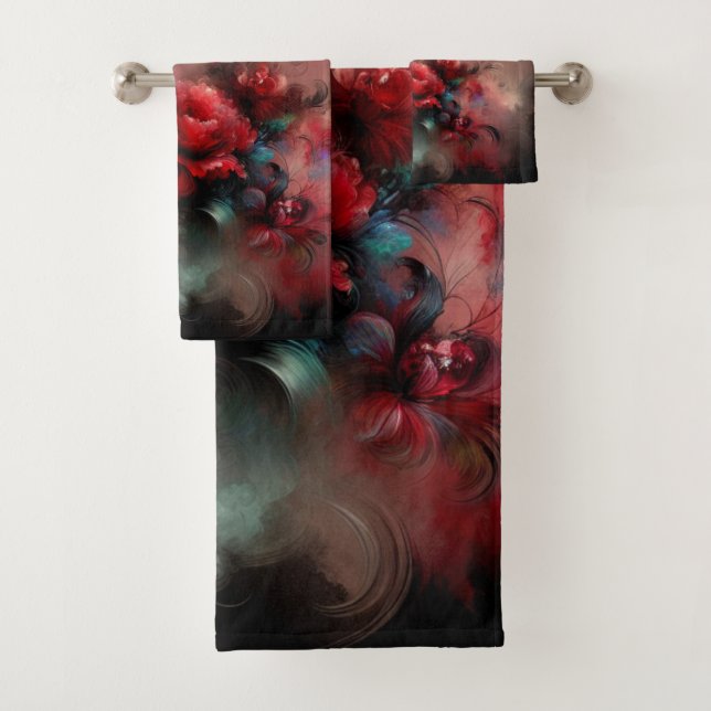 Conjunto De Toalhas Abstrato Floral Vermelho e Azul no Fundo Preto (Insitu)