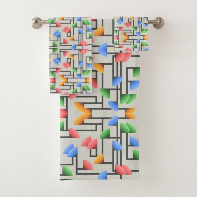 Conjunto De Toalhas Abstrato geométrico, Azul, Dourado, Coral, Verde (Insitu)