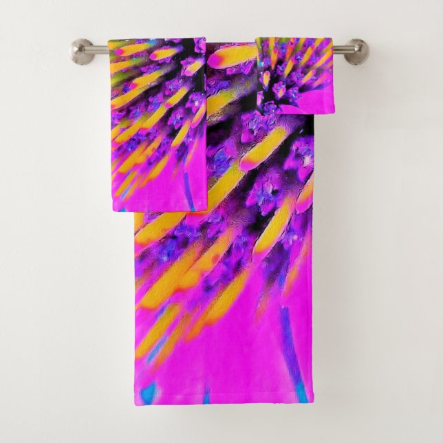 Conjunto De Toalhas Abstrato Macro Rosa Quente e Amarelo Coneflower (Insitu)