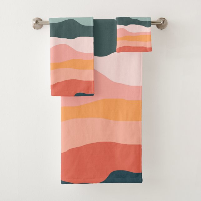 Conjunto De Toalhas Abstrato moderno - Faixa ondulada colorida neutra (Insitu)