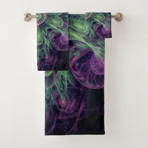 Conjunto De Toalhas Abstrato moderno - Roxo Fractal e Design Verde