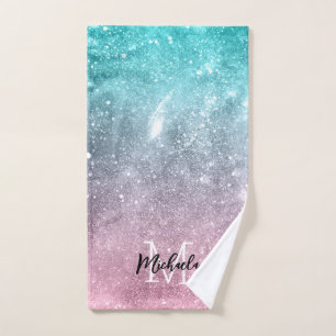 Conjunto De Toalhas Abstrato Monograma de galáxia verde-rosa-rosa