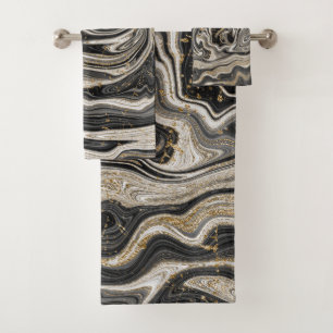 Conjunto De Toalhas Abstrato preto branco e Dourado de espiral quic mo