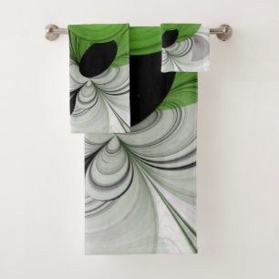 Conjunto De Toalhas Abstrato preto e branco com arte frontal verde