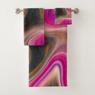 Conjunto De Toalhas Abstrato rosa e preto com espirros Douradas
