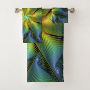 Conjunto De Toalhas Abstrato Star, Ouro Verde brilhante Arte Fractal