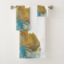 Conjunto De Toalhas Abstrato Teal Dourado Agate Watercolor