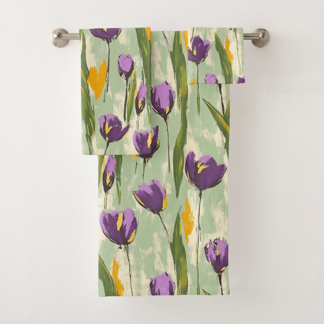 Conjunto De Toalhas Abstrato Tulip Blooms no Fundo Verde da Casa da Mo (Insitu)