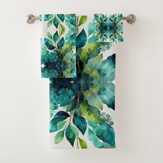 Conjunto De Toalhas Abstrato Turquesa, Verde, Esmeralda, Botânico (Insitu)
