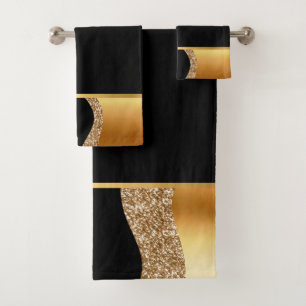 CONJUNTO DE TOALHAS ABSTRATO WAVE PRETA 2 BANTHROOM DOURADO DEFINIDO