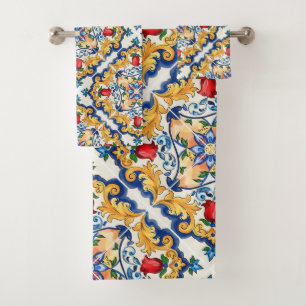 Conjunto De Toalhas Açafrão Floral Vermelho Siciliano Majólica Mediter