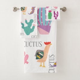 Conjunto De Toalhas Adorável padrão de cactus e folhas cor-de-rosa azu