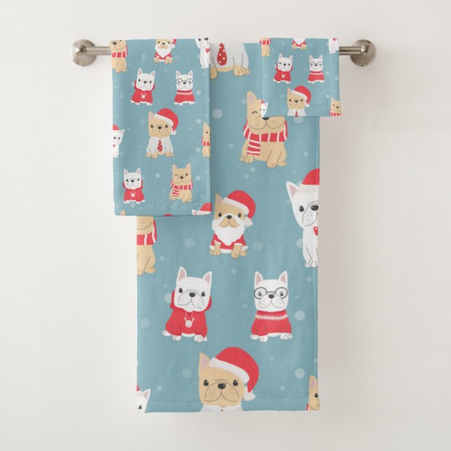 Conjunto De Toalhas Adorável padrão de Natal de Bulldog Francês (Insitu)
