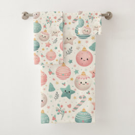 Conjunto De Toalhas Adornos e Estrelas de Natal em Padrão Pastel Fofo