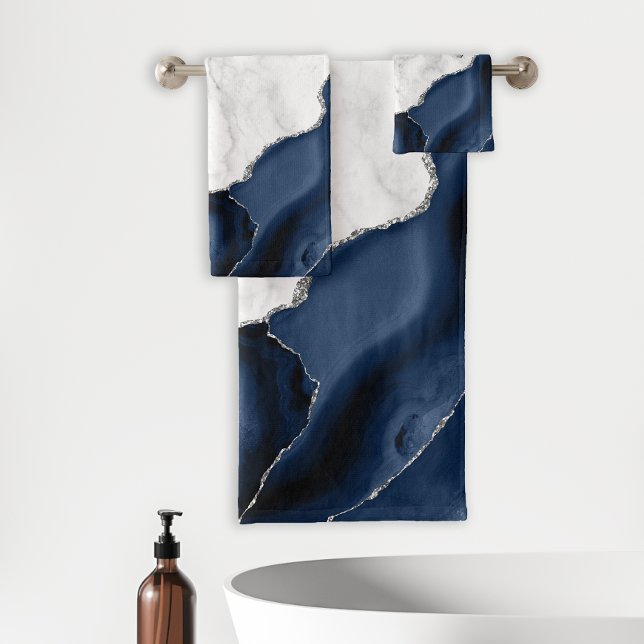 Conjunto De Toalhas Ágata Azul Marinho Brilho Prata Mármore Branco (Criador carregado)