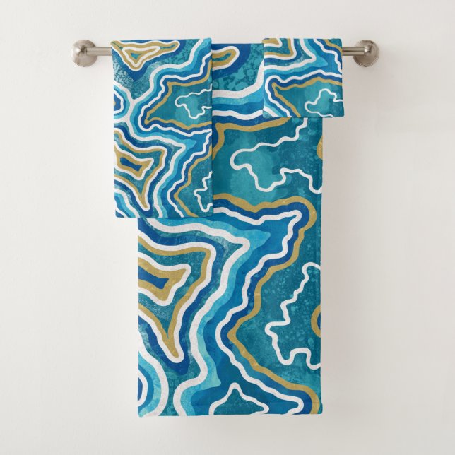 Conjunto De Toalhas Agato Gráfico Dourado Azul (Insitu)