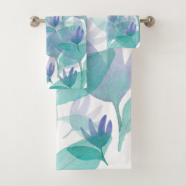 Conjunto De Toalhas Água Azul Caribenha Flores Maravilhosas em Aquarel